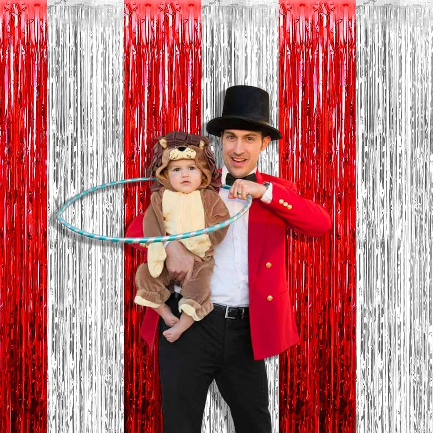 4 Pack 3.2Ft x 6.6Ft Silver Red Foil Fringe Curtain Backdrop, Metallic Tinsel Foil Fringe Streamers Curtains Background for Wedding, Circus Welcome Carnival Birthday Party Decoration New