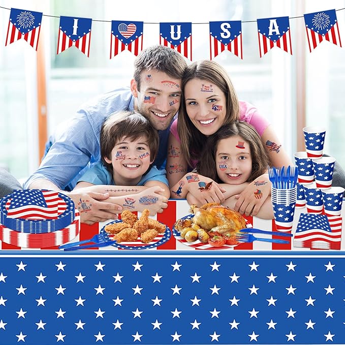 108PCS 4th of July Party Supplies American Flag Tableware Set Forth of July Patriotic Party Decorations Patriotic Paper Plates and Napkins Tablecloth Memorial Independence Day Dinnerware for 16 Guests