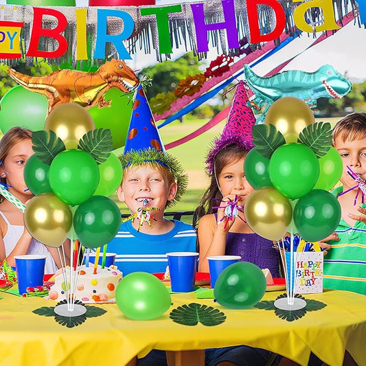 6 Sets Jungle Safari Balloon Stand Kit for Table Gold Green Balloons Dinosaur Party Tables Centerpiece with Palm Leaves for Animal Wild One Birthday Baby Shower St Patricks Day Party Supplies