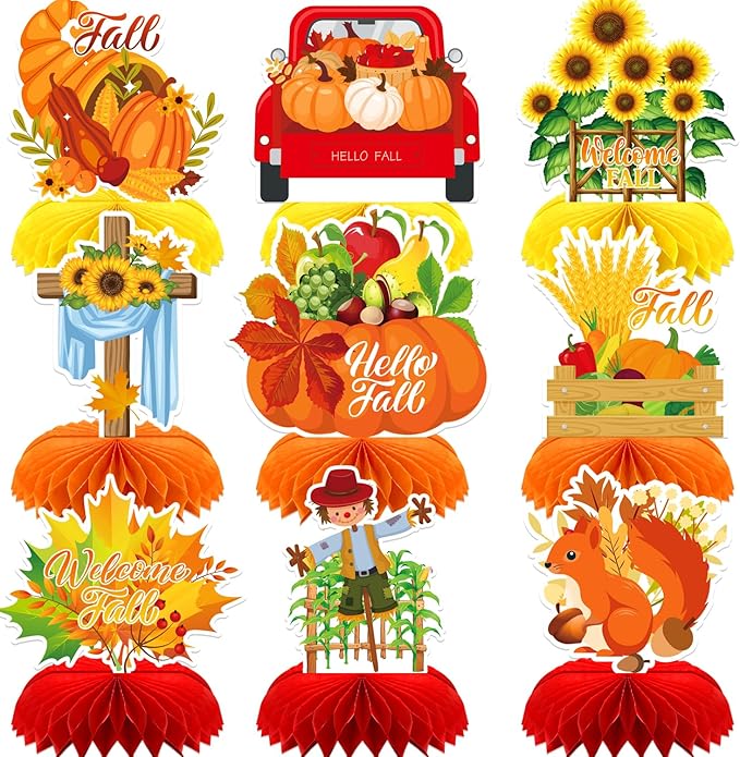 Fall Table Decorations - 9Pcs Fall Honeycomb Centerpieces for Tables with Pumpkins, Sunflowers, Scarecrow, Squirrel for Thanksgiving Dinner, Autumn Harvest Festival, Rustic Fall Party Decorations