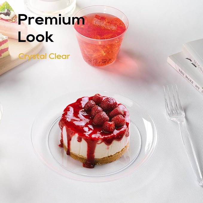 FOCUSLINE 100 Count Clear Plastic Plates 7 Inch, Disposable Salad Dessert Plates - Premium Clear Hard Plastic for Weddings, Parties and Events