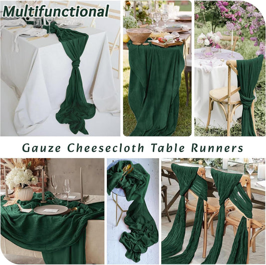 2Pack Emerald Green Table Runner 10FT Cheesecloth Table Runner 35x120Inch Long Boho Cheese Cloth Table Runners Rustic Gauze Table Runners for Party Wedding Bridal Shower Baby Shower Decorations