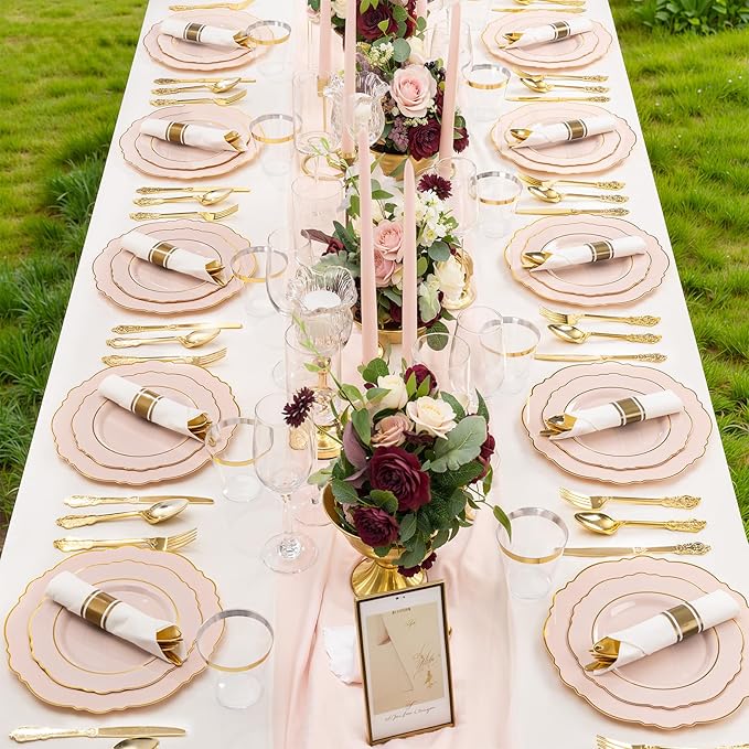 Liacere 700PCS Pink Plastic Plates-Dinnerware Sets for 100 Guests-200 Disposable Plates(10inch,7inch),300 Pink Plastic Silverware,100 Cups,100 Napkins for Wedding&Galentines Day&Easter Day