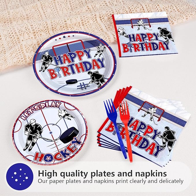Grencian 200Pcs Hockey Party Supplies Ice Hockey Birthday Party Set Including Plates and Napkins Disposable for Boys Kids Birthday Hockey Fans Sports Games Themed Par-ty Decoration Serves 50