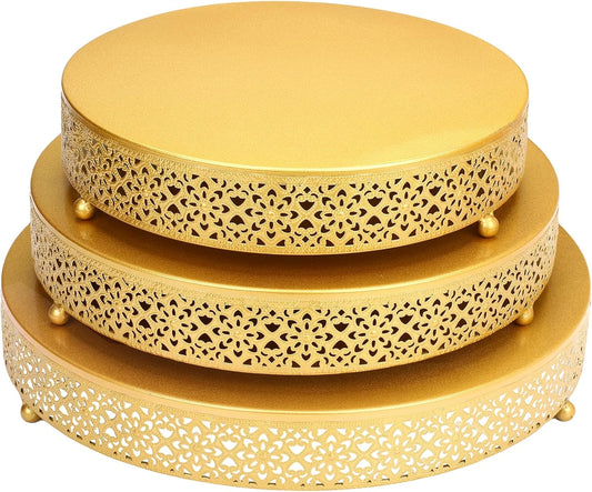 3 Piece Cake Stands Set 16'' 14'' 12'' Round Metal Cake Stands Cupcake Stand Riser Pastry Candy Display Plate for Dessert Table Wedding Event Birthday Anniversary Party (Gold)