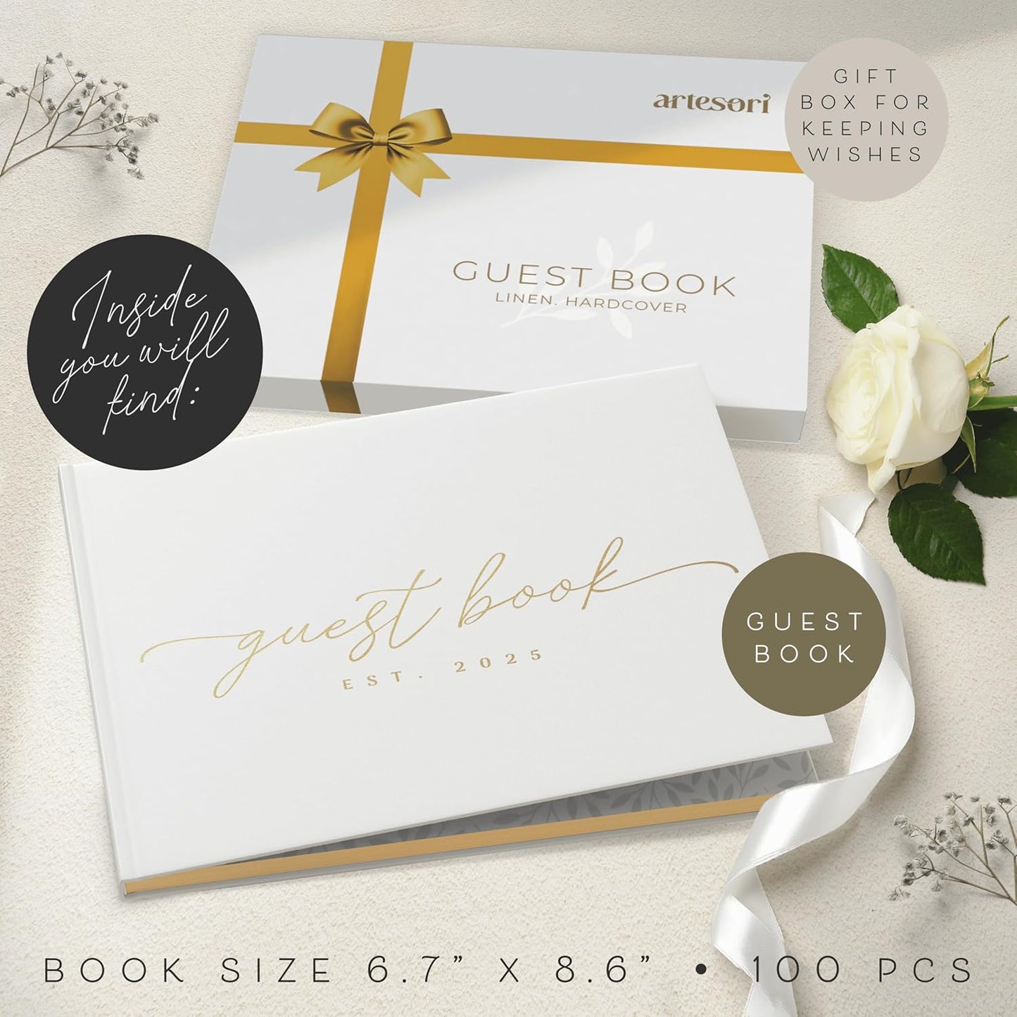 ARTESORI Personalized 2025 Wedding Guest Book for Reception — Guestbook to Sign in, Elegant Baby Shower Guest Book for Party & Birthday — Photo & Polaroid Guest Book for Wedding & Bridal Shower