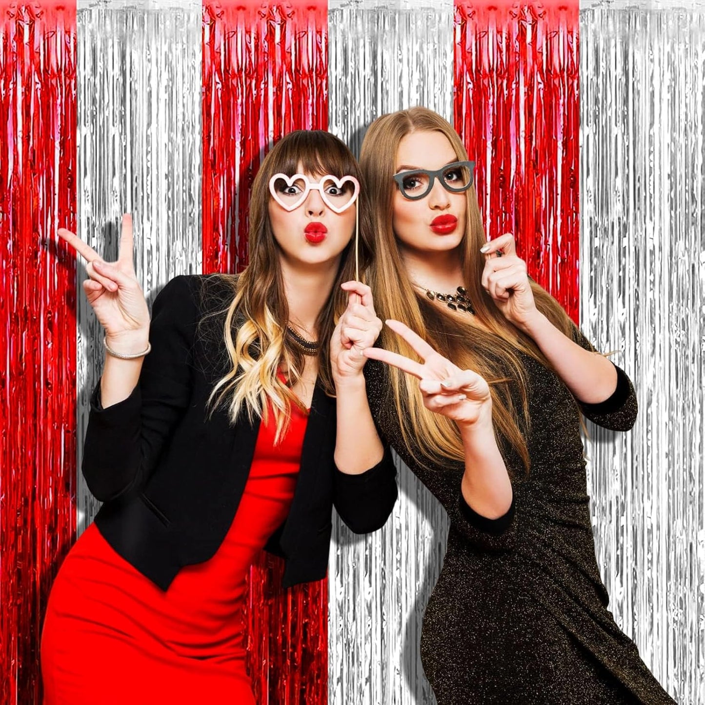 4 Pack 3.2Ft x 6.6Ft Silver Red Foil Fringe Curtain Backdrop, Metallic Tinsel Foil Fringe Streamers Curtains Background for Wedding, Circus Welcome Carnival Birthday Party Decoration New