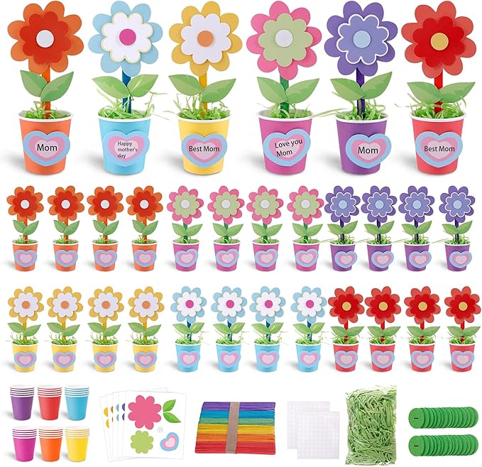 FULAIERGD 30 Packs Mother's Day Flower Paper Pot Craft Kits Make Your Standing Spring Flower Craft Kits Paper Cup Arts Crafts Decorations for Mom Fun DIY Decor Home Art Activities