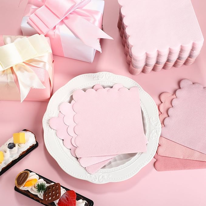 durony 150 Pack Scalloped Napkins 5 x 5 Inch Disposable Paper Napkins Gradient Color Napkins with Scalloped Edges for Dinner Wedding Birthday Party Supplies, Dusty Pink