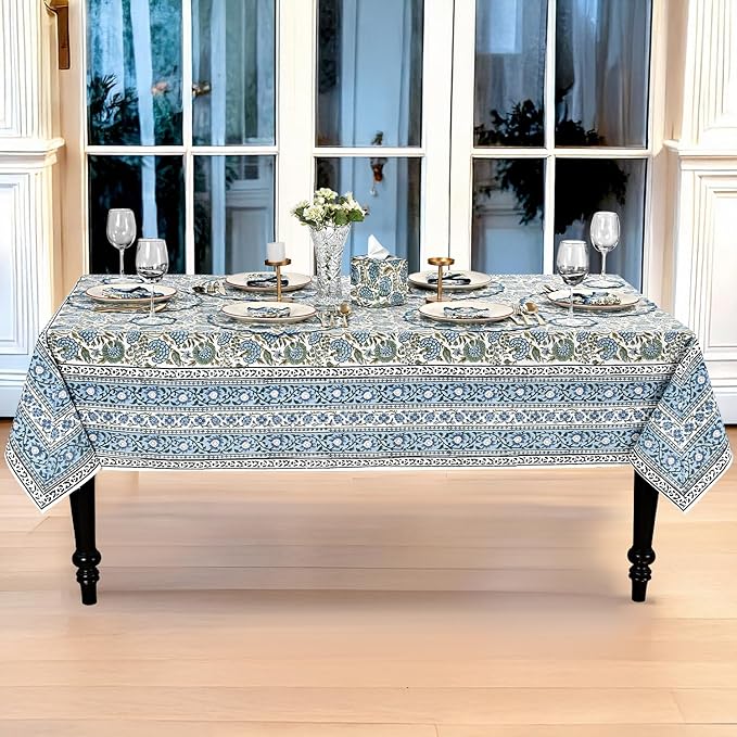 Ridhi Hand Block Print Asparagus Green Rectangle Cotton Tablecloth 90" x 60" Reusable Table Cover Decorative Everyday Use for Dining, Farmhouse, Home Gift for Spring, Easter, Valentine