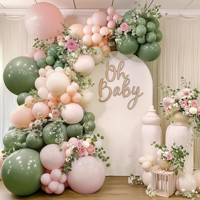 Pink and Green Balloon Arch Kit, Pink White and Green Balloon Arch Kit with Mixed Size Sage Green Pastel Pink Sand White Light Orange Balloons for Wedding Birthday Party Bridal Shower Decorations