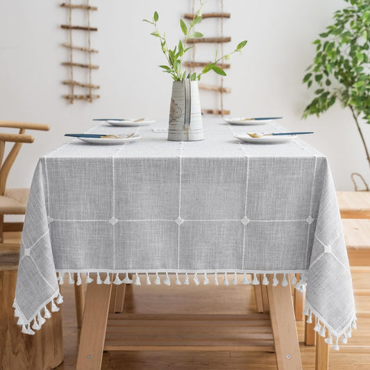 Oubonun Cotton Linen Rectangular Tablecloth - Wrinkle Resistant & Waterproof - Machine Washable Table Cloth with Tassels for Kitchen & Dining, 55''x120'', 10-12 Seats, Grey