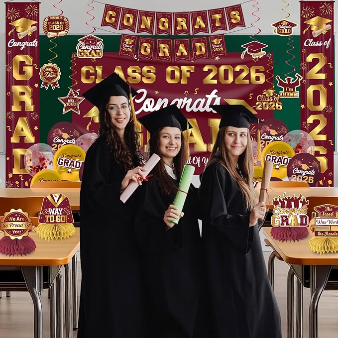Graduation Decorations Class of 2026 Maroon and Gold Graduation Party Decor Set include Congrats Grad Banner Backdrop Class of 2026 Balloons Party Supplies