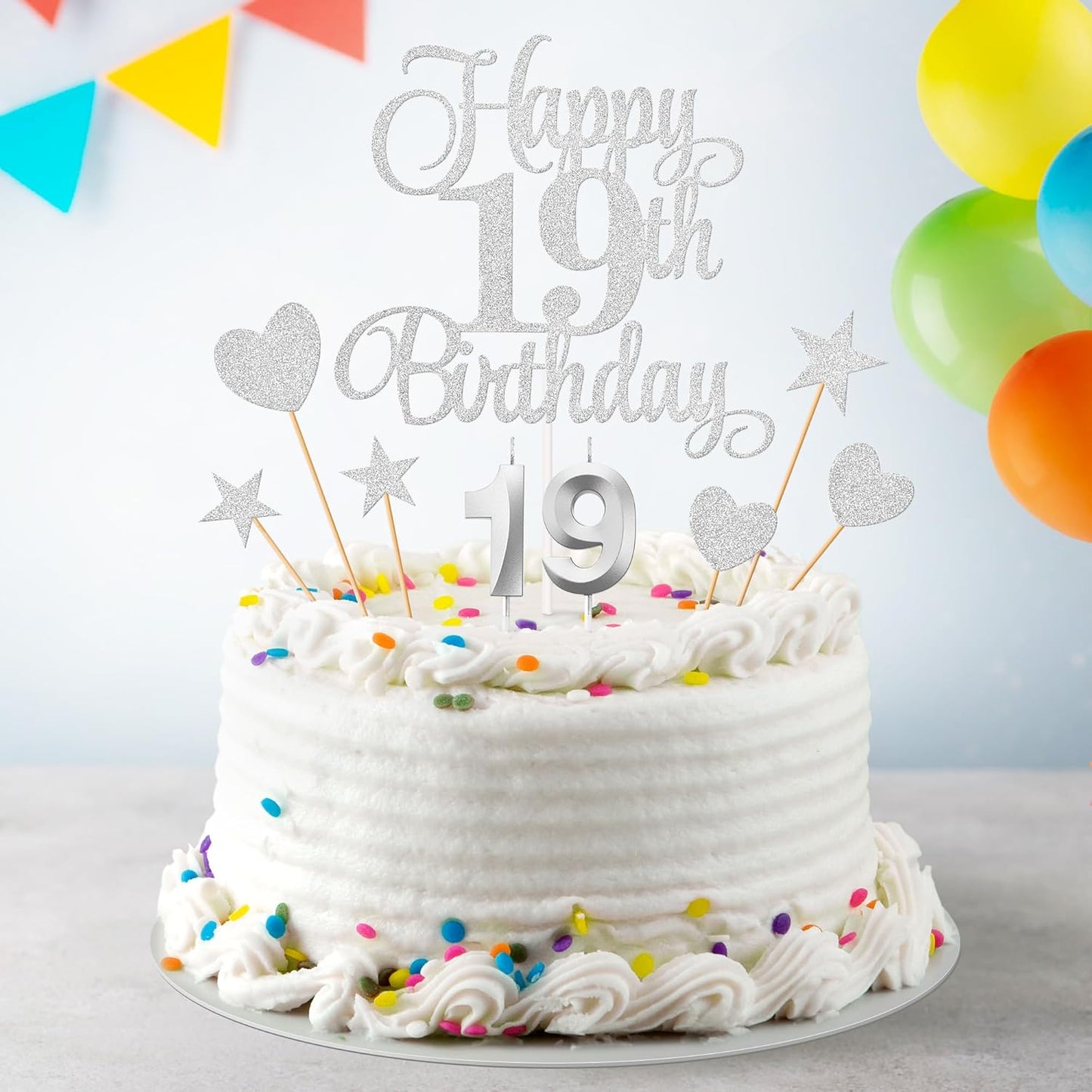 19th Birthday Cake Decorations, 19th Birthday Candles Cake Numeral Candles and Glitter Happy 19th Birthday Cake Toppers Set for Birthday Party Supplies (Silver)