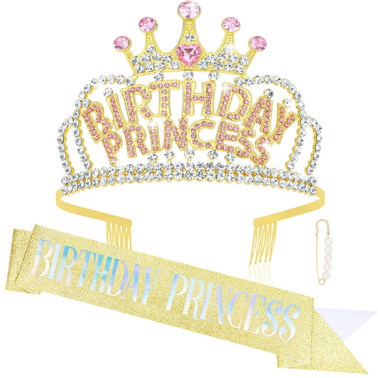 Wecoe Gold Birthday Crown and Sash: Women's Princess Crown with Rhinestone Tiaras & Sash - Happy Birthday Party Favors & Decorations for Adult Women Celebrants