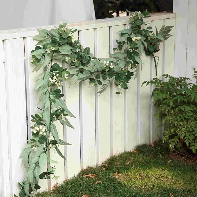 6Ft Artificial Eucalyptus Garland with Little White Berries, Real Touch Faux Eucalyptus Decor Vine for Table, Bedroom, Mantelpiece, Outdoor, Wedding Decorations (Foggy Green)