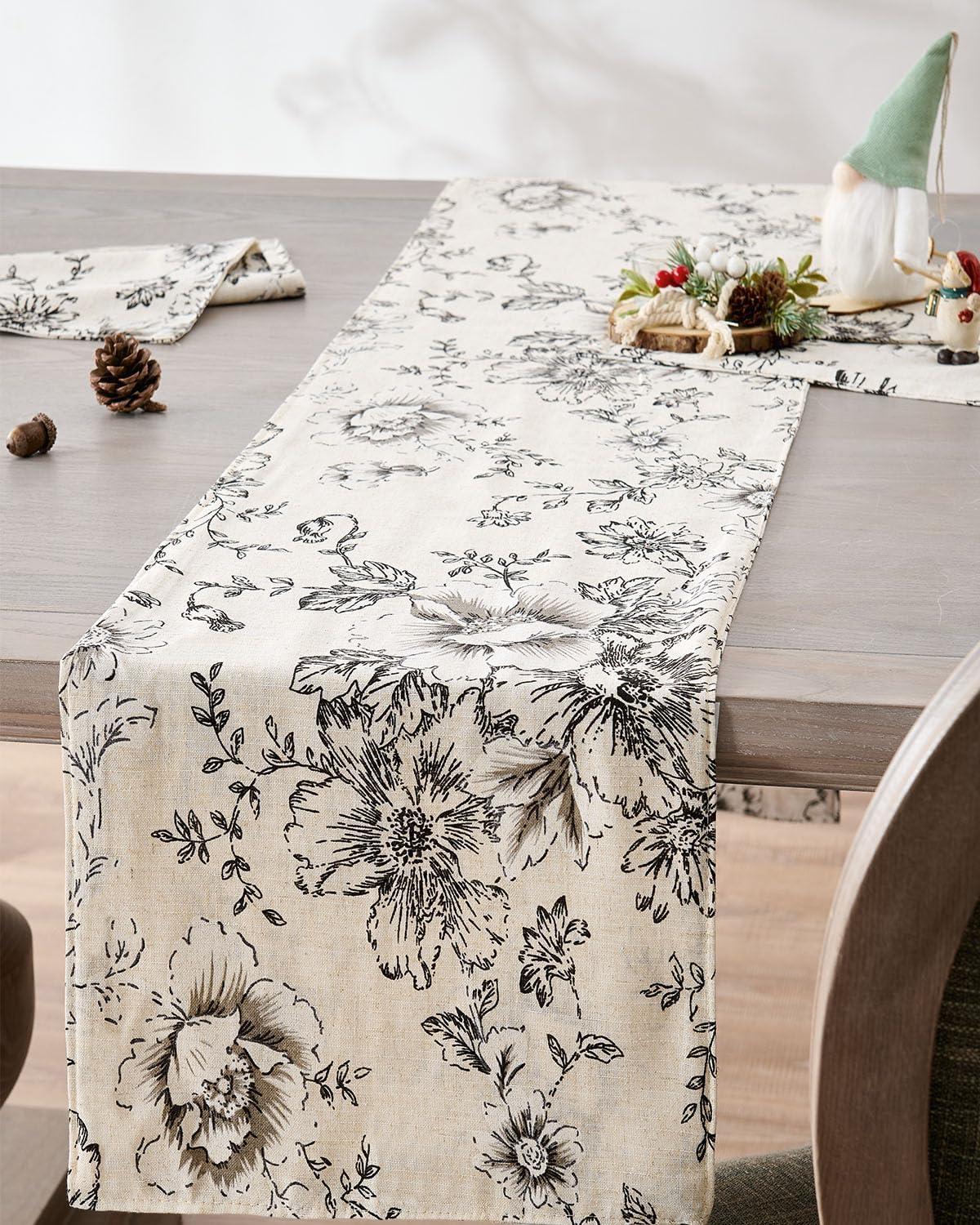 jinchan Floral Linen Table Runner for Kitchen Farmhouse Table Cloth with Black Flower Print 13 x 70 Inch Beige Linen Blend Cloth for Kitchen Dining Table Indoor Outdoor Decor 1 Panel