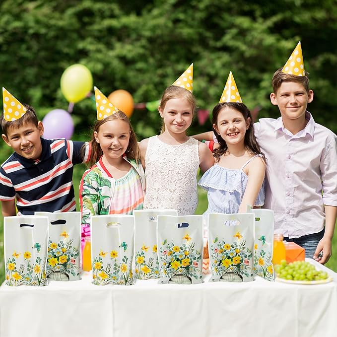Bright Wildflower Party Favor Bags - 50Pcs Plastic Bright Wild Flowers Candy Treat Gift Bag with Handles Butterfly Snack Goodie Gift Sacks Wedding Birthday Party Supplies Baby Shower Decor