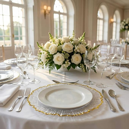 13inch Clear Acrylic Gold Rim Charger Plates,Set of 8, Gold Reef Textured Rim Charger Plates for Dinner,Wedding,Party,Event Decoration.