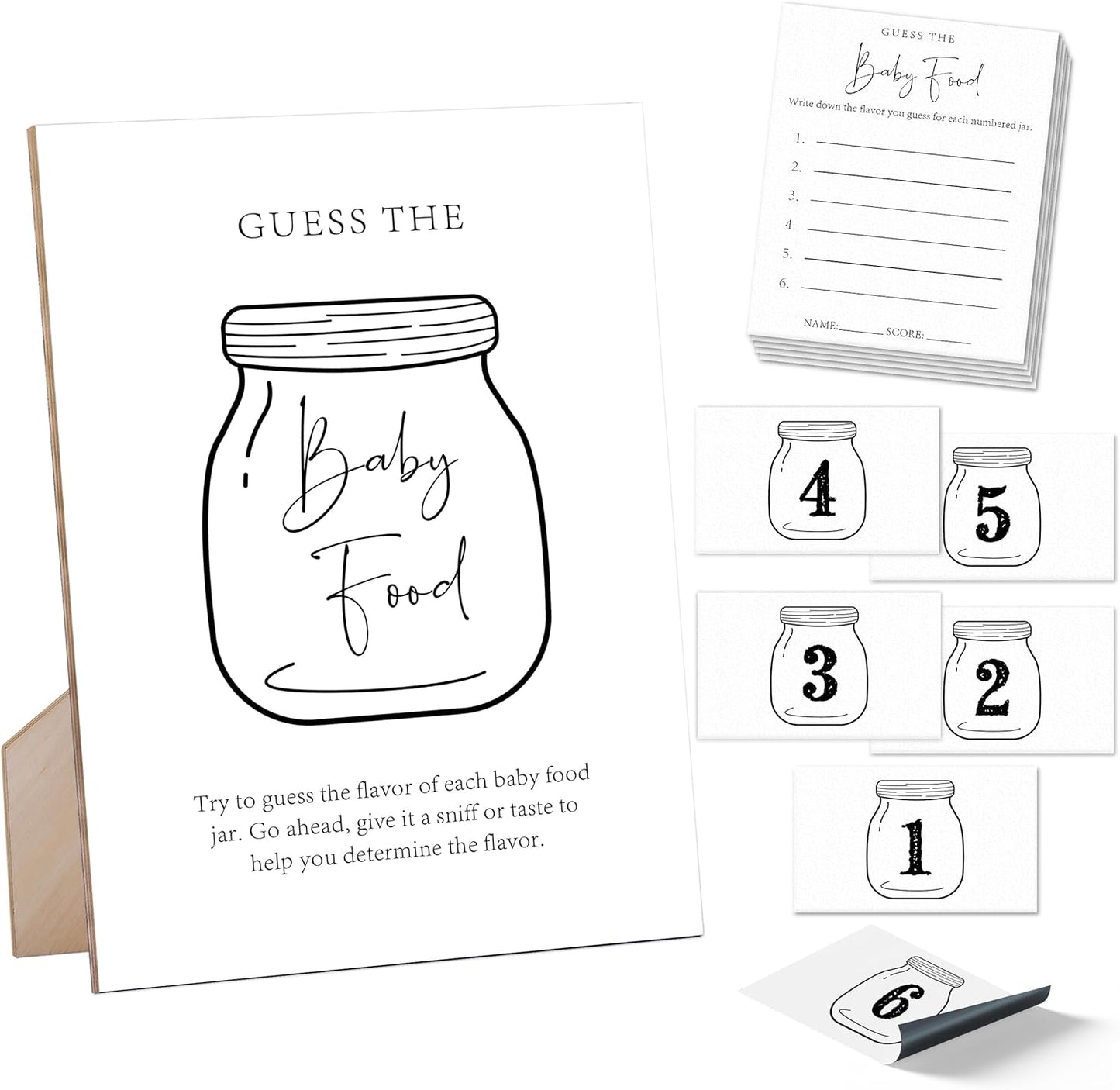 Guess the Baby Food Game Baby Shower Sign, Wooden Sign with Stand, 8X11 inches, 25 Cards & 6 Stickers, Multicolor, Classic Style