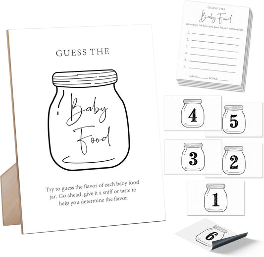Guess the Baby Food Game Baby Shower Sign, Wooden Sign with Stand, 8X11 inches, 25 Cards & 6 Stickers, Multicolor, Classic Style
