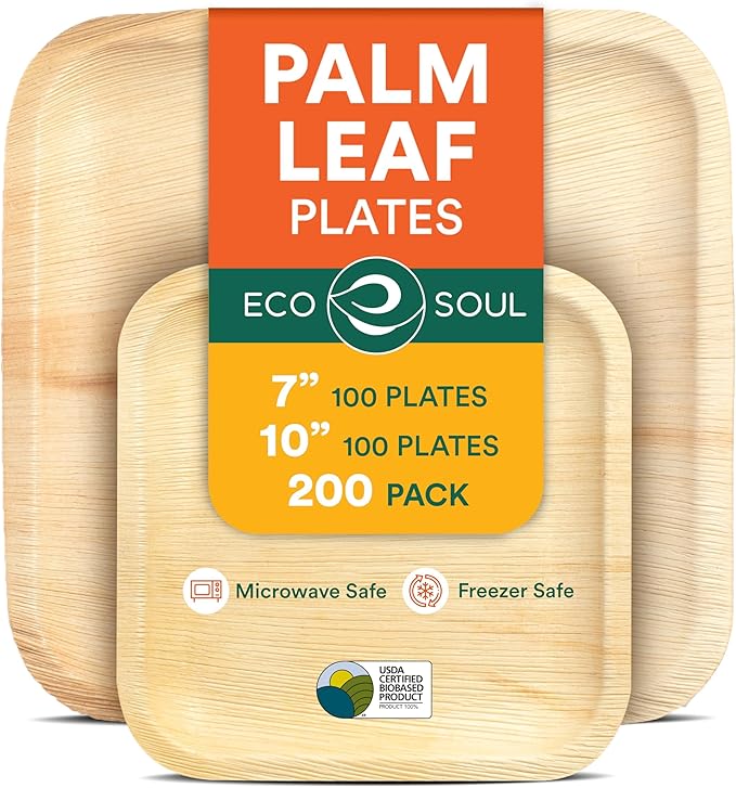 ECO SOUL 7&10 Inch Disposable Palm Leaf Bundle Plates [200 Pack] Premium Food-Safe Heavy Duty Compostable Bamboo Paper Plates for Lunch, Dinner, Weddings, Party, Camping & Catering Events [Square]