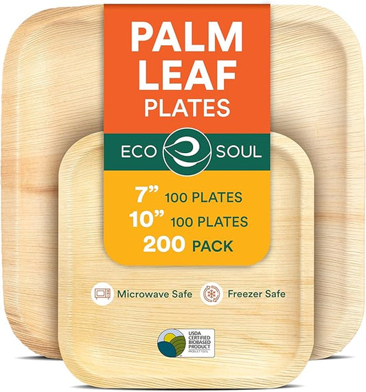 ECO SOUL 7&10 Inch Disposable Palm Leaf Bundle Plates [200 Pack] Premium Food-Safe Heavy Duty Compostable Bamboo Paper Plates for Lunch, Dinner, Weddings, Party, Camping & Catering Events [Square]