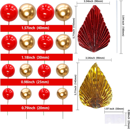 Ephlyn 28Pcs Paper Palm Fan Cake Topper Balls Cake Pick for Baby Shower Wedding Bridal Shower Birthday Party Cake Decorations Supplies Gold Red