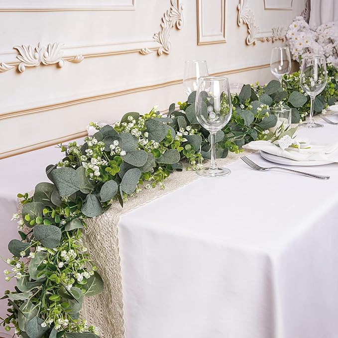 4 Pack Artificial Eucalyptus Garland with White Flowers,5.9FT Greenery Garland Fake Vines Hanging Green Garlands for Table Centerpieces Outdoor Festival Wedding Backdrop Arch Wall Decor