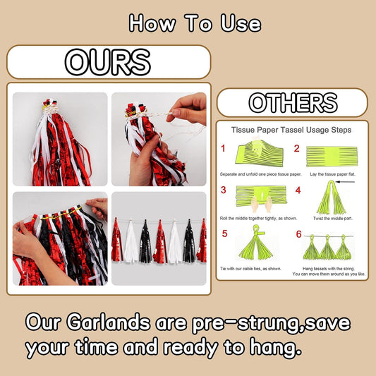 BEISHIDA 3 Packs Red Black White Metallic Foil Fringe Tassel Garland, Tassels Banner Streamers for Car Floats Bridal/Baby Shower Birthday Wedding Halloween Christmas Holiday Party Decoration
