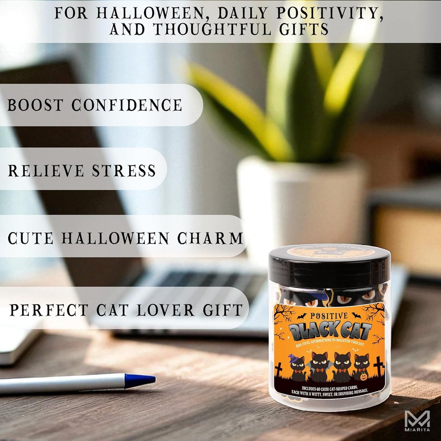 Positive Black Cat Jar, for Women & Teens, Black Cat Lover Gifts, Inspirational Jar for Daily Positivity, Halloween Basket Stuffers, Boo Basket Stuffers for Women, Spooky Basket