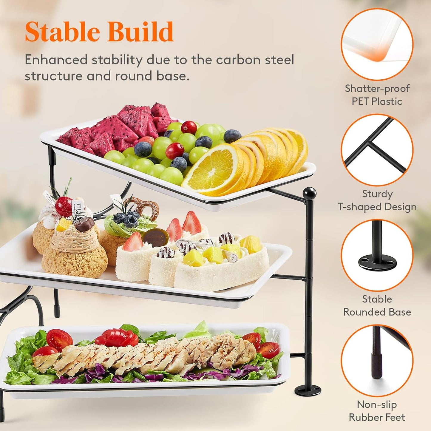 Lifewit 3 Tier Serving Tray, 12" x 6.5" White Plastic Tiered Food Serving Platters, Rotatable Tiered Tray Stand for Party with Black Collapsible Metal Stand, Dessert Table Stands for Cookies, Crackers