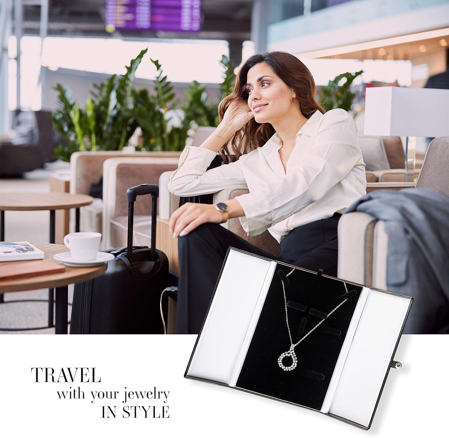 Novel Box Two-Door Black Jewelry Box for Ring Earring Bracelet & Necklace Combination 5.75x8.25x1.25 Inches - Faux Leatherette Boxes Gift Presentation with Gold Trim for Wedding & Special Occasions