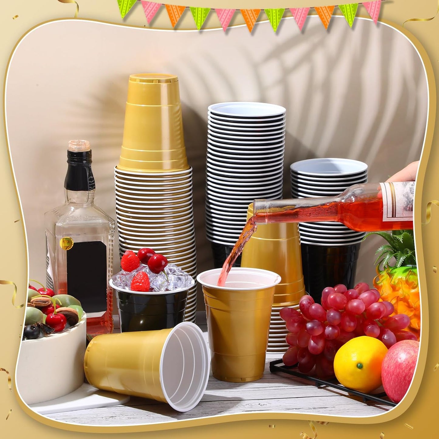 Lounsweer 100 Pack 16 Ounce Christmas Plastic Party Cups Disposable Heavy Duty Drinking Water Cups for Holiday Christmas Festival Wedding New Year Birthday Party Supplies(Black, Gold)