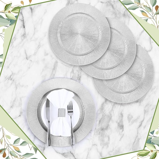 Tanlade 100 Pcs Silver Charger Plates Bulk, 13" Round Plastic Dinner Charger Plate, Shiny Silver Table Chargers Serving Plate Catering Tabletop for Thanksgiving Halloween Christmas Wedding Party Decor