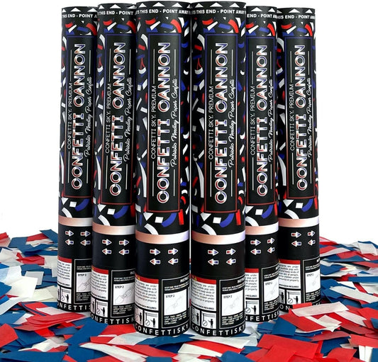 Confetti Sky [6 Pack] 12 Inch Confetti Cannons | Confetti Poppers for Wedding Celebration, Birthday Party, Pranks, Graduation, Christmas Eve and New Year Celebration (Blue,red,white)