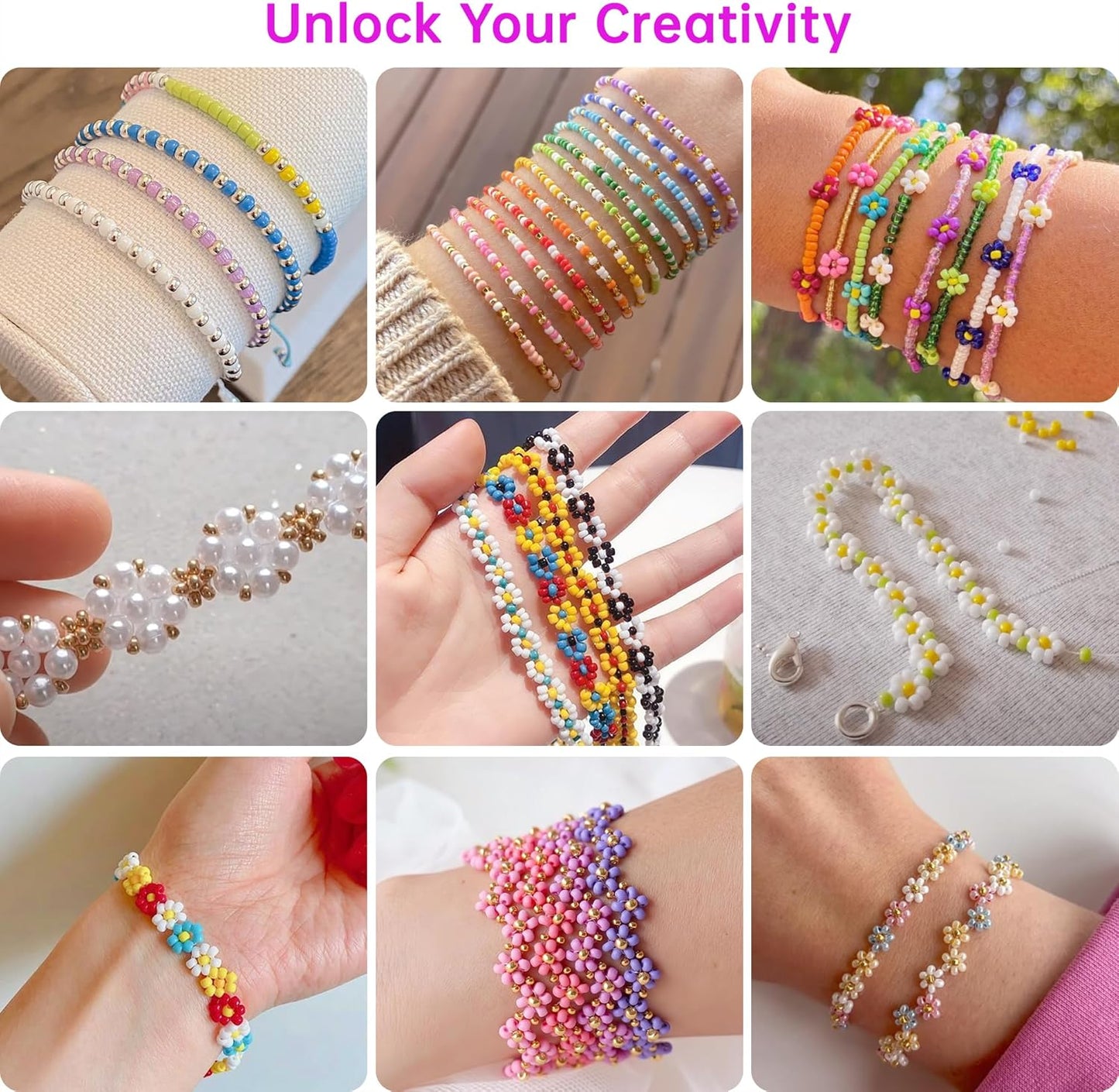 Redtwo 3mm 44500pcs Glass Seed Beads Kit, 7 Boxes 144 Colors Small Beads for Bracelets, Friendship Bracelet Kit with Charms and Letters