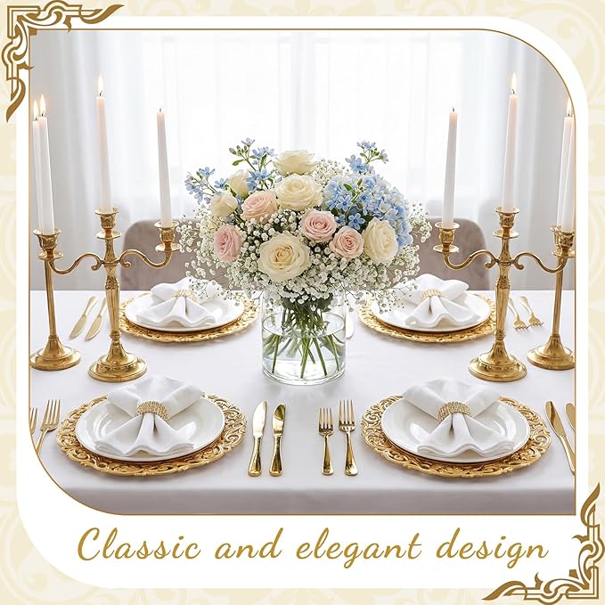 12 Pcs Vintage Gold Charger Plates Bulk 13 Inch Embossed Rim Plastic Round Decorative Plates Charger for Dinner Wedding Party Event Table Setting Decoration (Hollowed out)