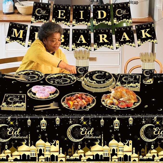 98PCS Eid Mubarak Party Supplies Black and Gold Ramadan Tableware Set Ramadan Mubarak Paper Plates and Napkins Eid Mubarak Party Decorations Eid Al-fitr Party Disposable Dinnerware Set for 16 Guests