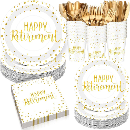 Pickmesh 192 Pcs Retirement Party Decorations Happy Retirement Paper Plates and Napkins Set with Cups and Knife Fork Spoon,Farewell Party Disposable Tableware for 24 Guest Women Men(White)