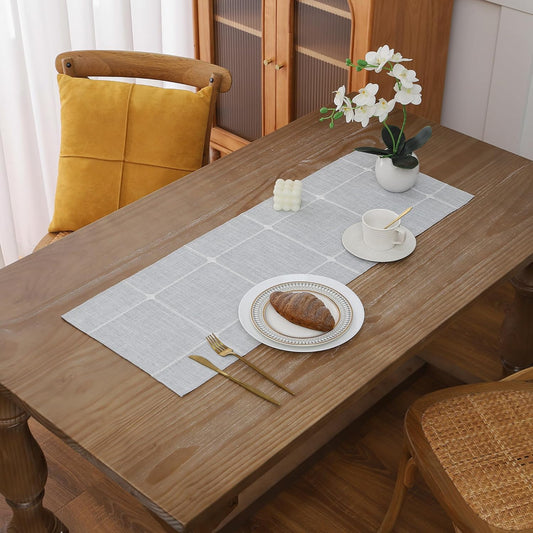 Gernaice Boho Table Runner, Modern Plaid Cotton Linen Farmhouse Table Runners for Dresser End Coffee Table Home Decor, 24" L X 13" W Grey