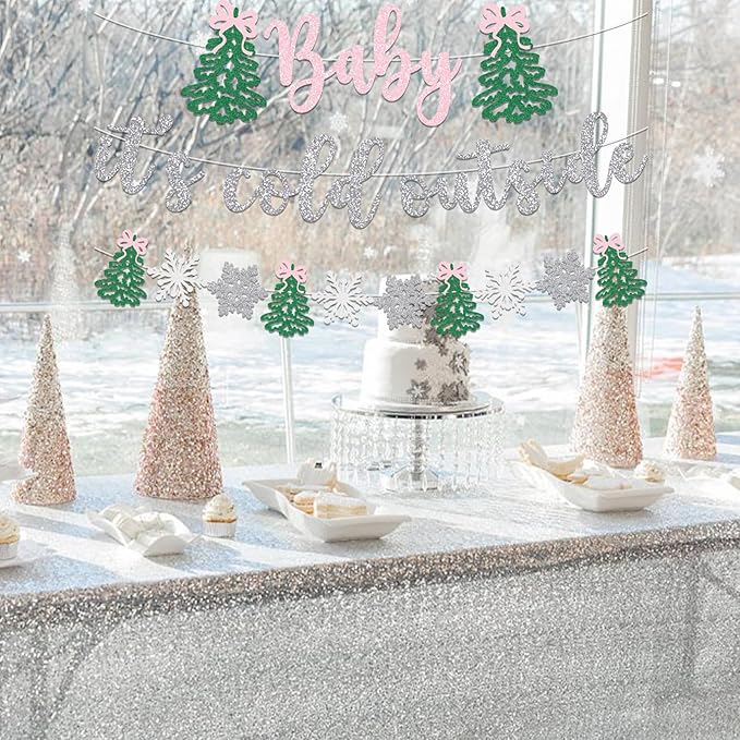 Pink Bow Baby It's Cold Outside Banner Christmas Baby Shower Decoration Winter Holiday Snowflake Welcome Newborn Party Supplies