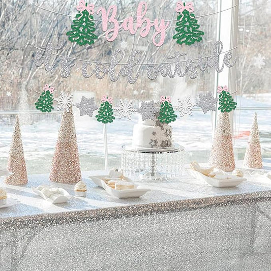 Pink Bow Baby It's Cold Outside Banner Christmas Baby Shower Decoration Winter Holiday Snowflake Welcome Newborn Party Supplies