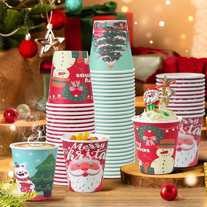 SIUQ 100 Pack 10 oz Christmas Disposable Coffee Cups, Thickened Christmas Paper Cups for Hot/Cold Beverage, Tea, Coffee, Hot Chocolate, Xmas Party Cup Ideal for Home, Cafes, Store, Holiday