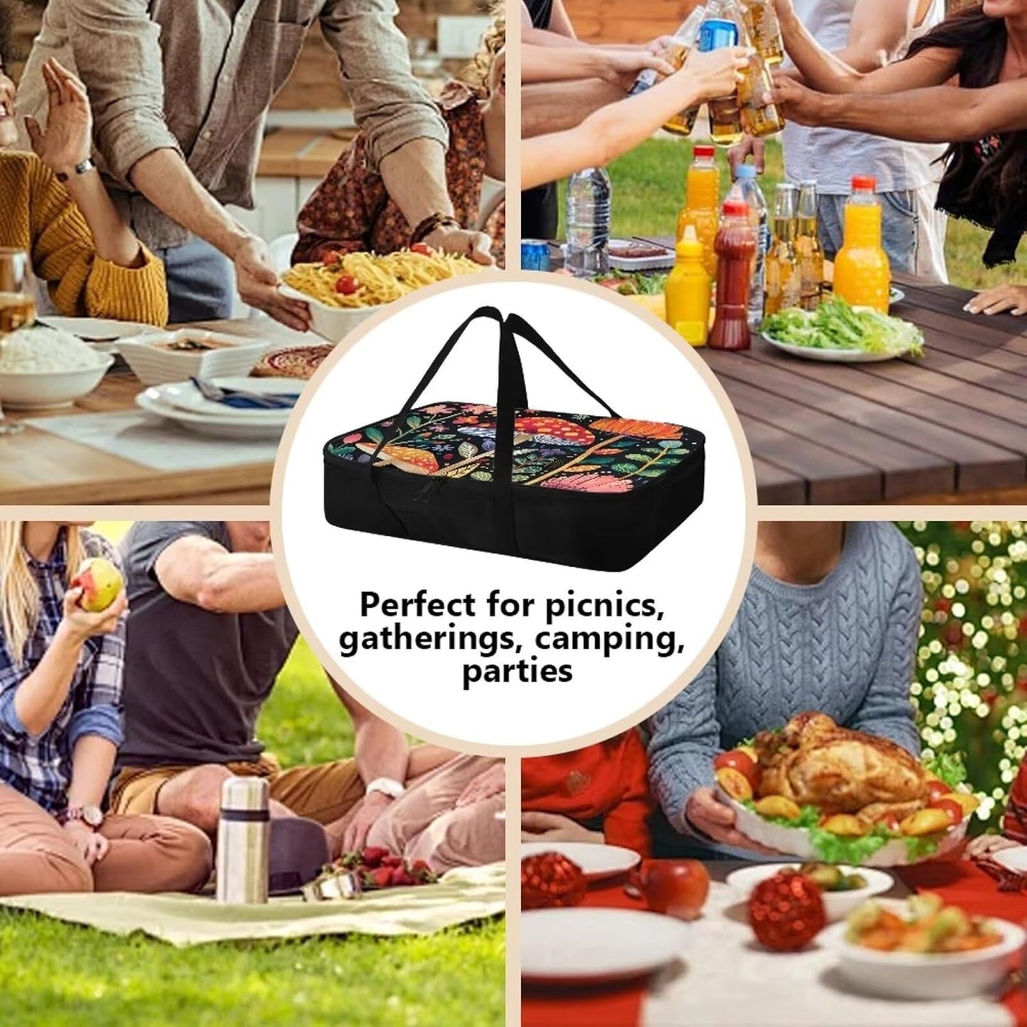 Mushroom Flower Insulated Casserole Carriers Reusable Dish Carrying Case Portable Food Warmer for Hot or Cold Food for Beach Parties Picnic