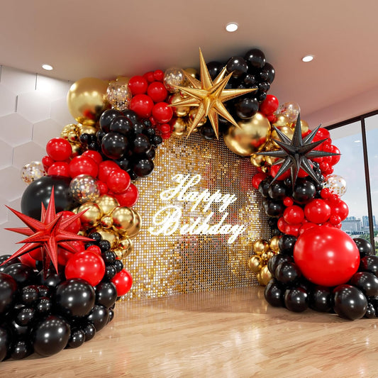 Red and Black Gold Balloon Arch Kit, 140Pcs Explosion Star Black and Red Metallic Gold Balloons 22 18 12 10 5 Inch Different Size Balloons for Birthday Casino Night Movie Night Decorations