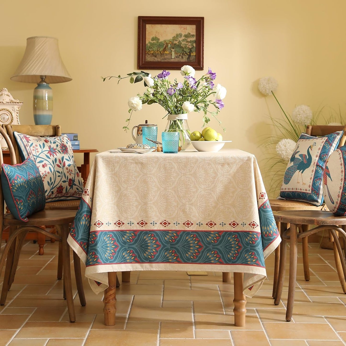 Vintage Beige Linen Rectangle Tablecloth,Paisley Farmhouse Feather Floral Pattern Table Cloth,Decor Table Cover for Kitchen,Dining,Thanksgiving,Christmas,55"*79"-Dorodango F
