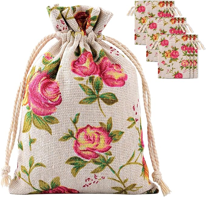 Pangda 30 Pieces Small Size Rose Drawstring Bags Burlap Flower Pouch Bags Linen Gift Jewelry Pouches for Wedding DIY Craft Party (3.9 x 5.3 Inch)