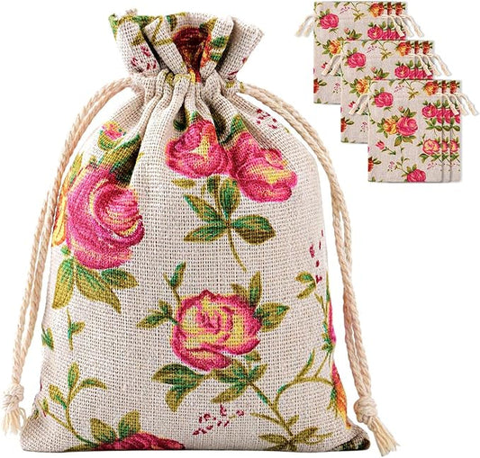 Pangda 30 Pieces Small Size Rose Drawstring Bags Burlap Flower Pouch Bags Linen Gift Jewelry Pouches for Wedding DIY Craft Party (3.9 x 5.3 Inch)