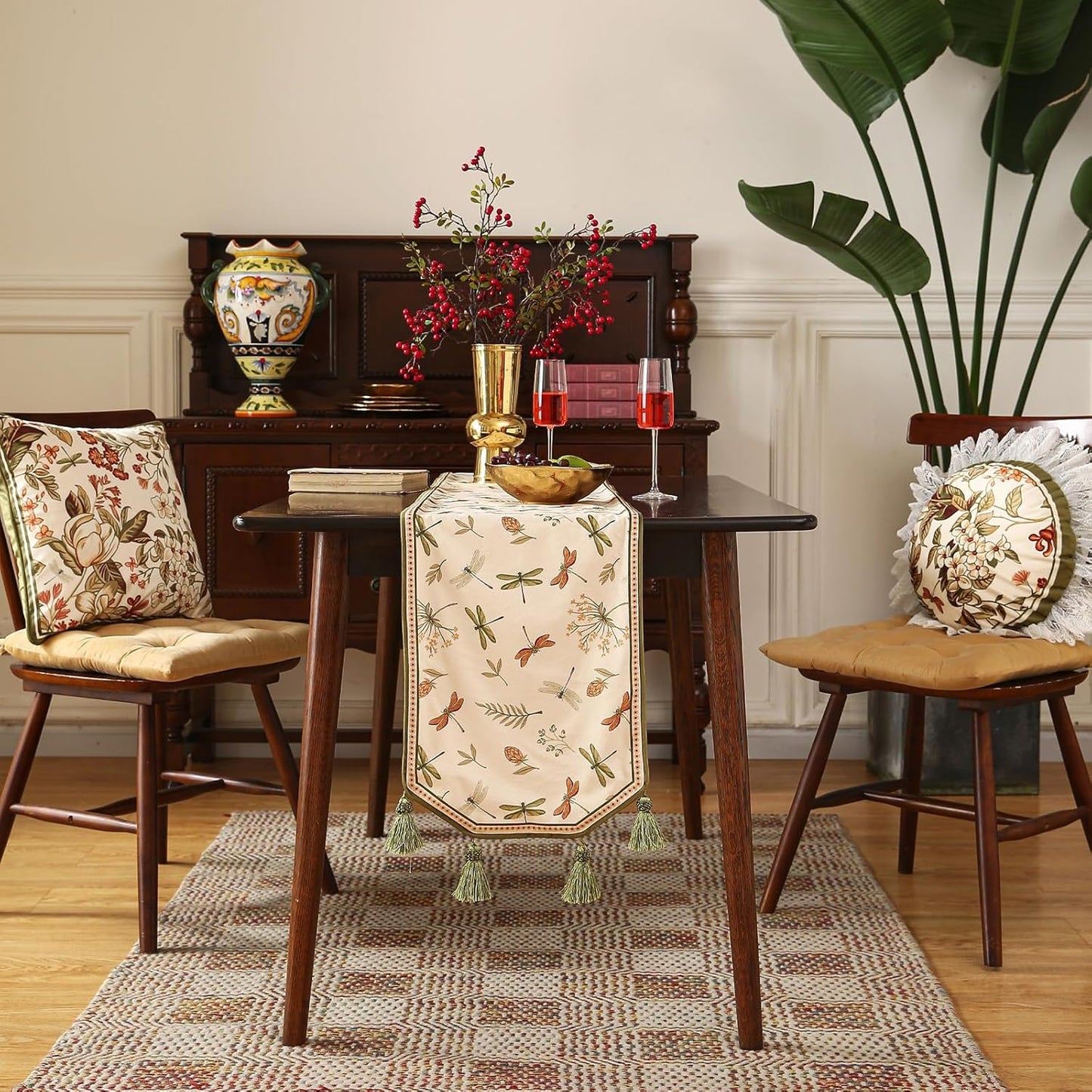 ISAENNE Designer Ivory White Velvet Table Runner 102 Inches Long,Farmhouse Dragonfly and Floral Pattern Table Runners for Dining Tables,Thanksgiving,Kitchen Tables,Christmas,12"*102"-Grace B